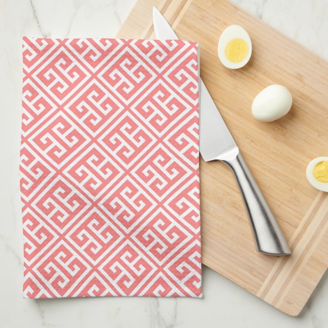 Linge De Cuisine Motif de clé grecque corail (Quart Plié)