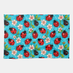 Linge De Cuisine Motif de coccinelle colorée avec des fleurs