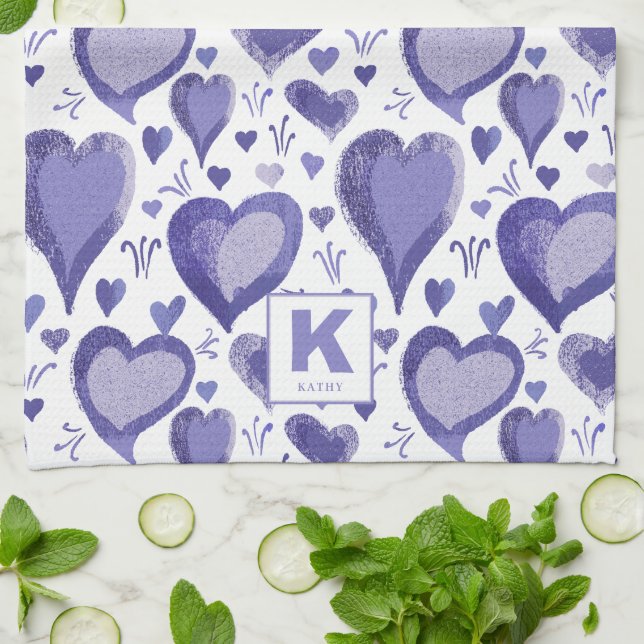 Linge De Cuisine Motif de coeur violet dessin Monogramme (Plié)