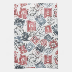 Linge De Cuisine Motif de collage de timbres-poste vintage (1)
