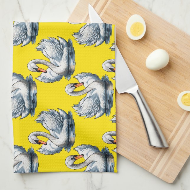 Linge De Cuisine Motif de cygnes sur fond jaune (Quart Plié)