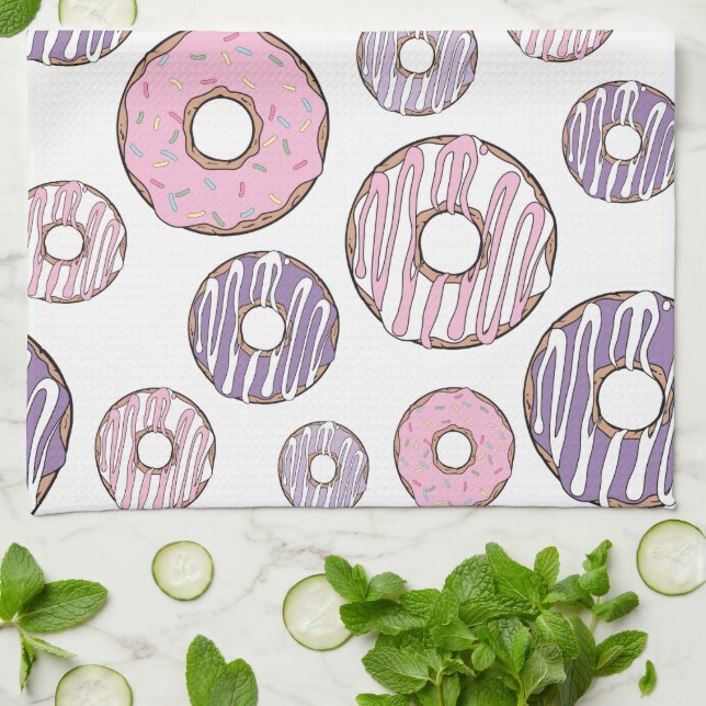 Linge De Cuisine Motif De Donuts, Donuts Roses, Donuts Violets (Plié)