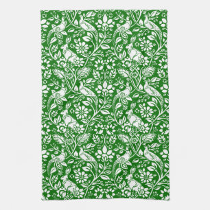 Linge De Cuisine Motif de faisan et lièvre, vert émeraude et blanc