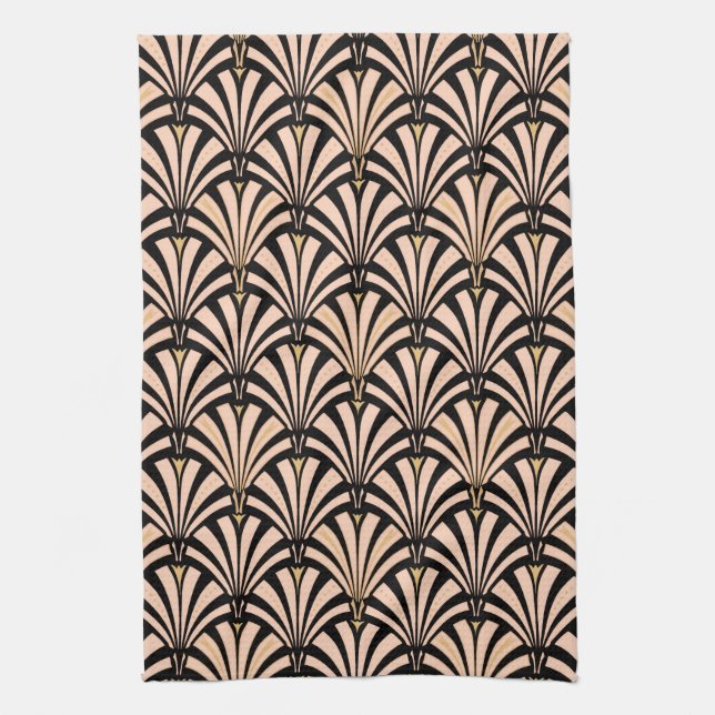 Linge De Cuisine Motif de fan d'art déco - pêche sur le noir (Vertical)