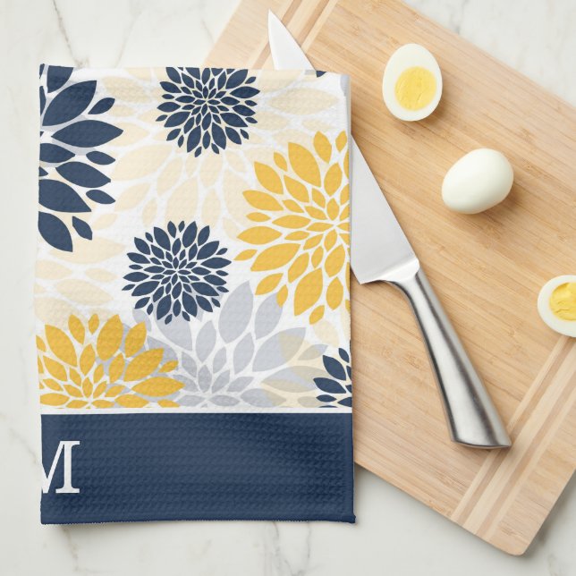 Linge De Cuisine Motif de fleurs bleu marine or Monogramme (Quart Plié)