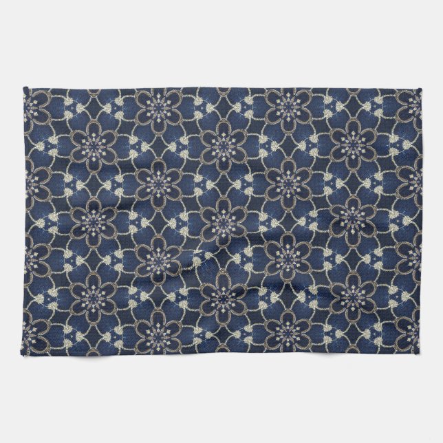 Linge De Cuisine Motif de fleurs bleu minuit (Horizontal)