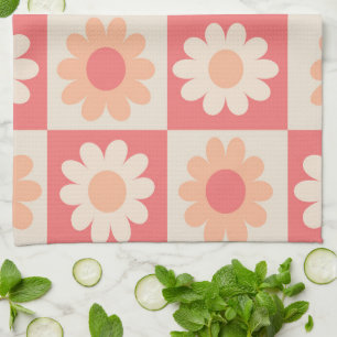 Linge De Cuisine motif de fleurs rétro À damiers Peach Fuzz
