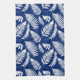 Linge De Cuisine Motif de fougères de bois, blanc sur bleu Cobalt