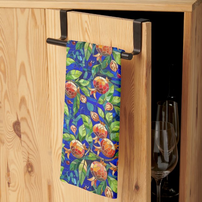 Linge De Cuisine Motif de grenade bleu foncé et mosaïque de fruits  (Pliage en tiers)
