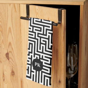 Linge De Cuisine Motif de labyrinthe géométrique noir sur blanc