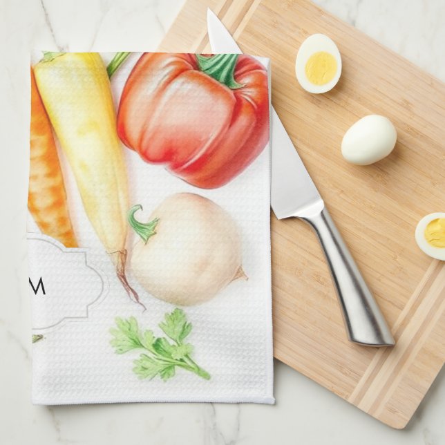 Linge De Cuisine Motif de légumes d'aquarelle monogrammé (Quart Plié)