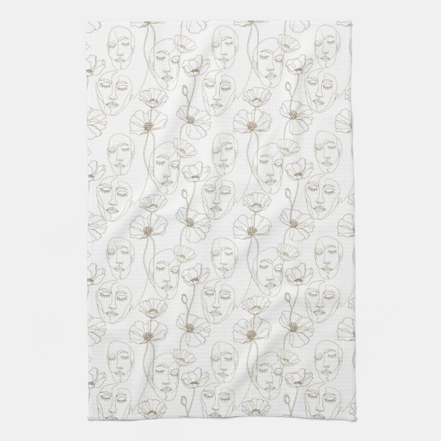 Linge De Cuisine Motif de ligne de visage floral vintage noir et bl (Vertical)