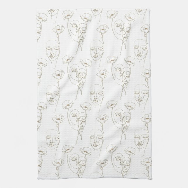 Linge De Cuisine Motif de ligne de visage floral vintage noir et bl (Vertical)