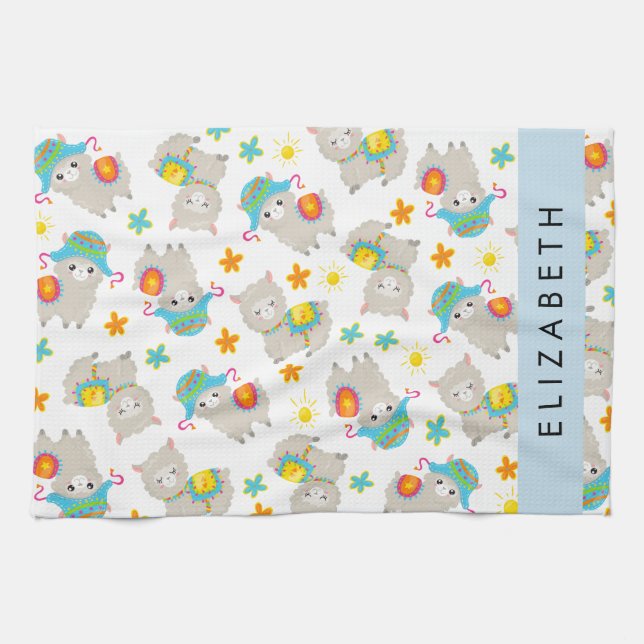 Linge De Cuisine Motif De Llamas, Alpacas, Fleurs, Votre Nom (Horizontal)