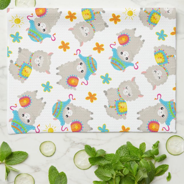 Linge De Cuisine Motif De Llamas, Cute Llamas, Alpacas, Fleurs (Plié)