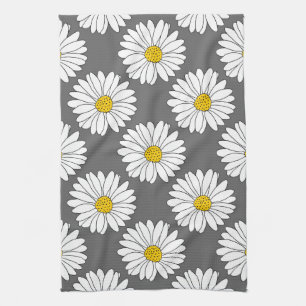 Linge De Cuisine Motif de marguerite gris jaune blanc