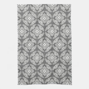 Linge De Cuisine Motif de médaillon japonais, gris et blanc 