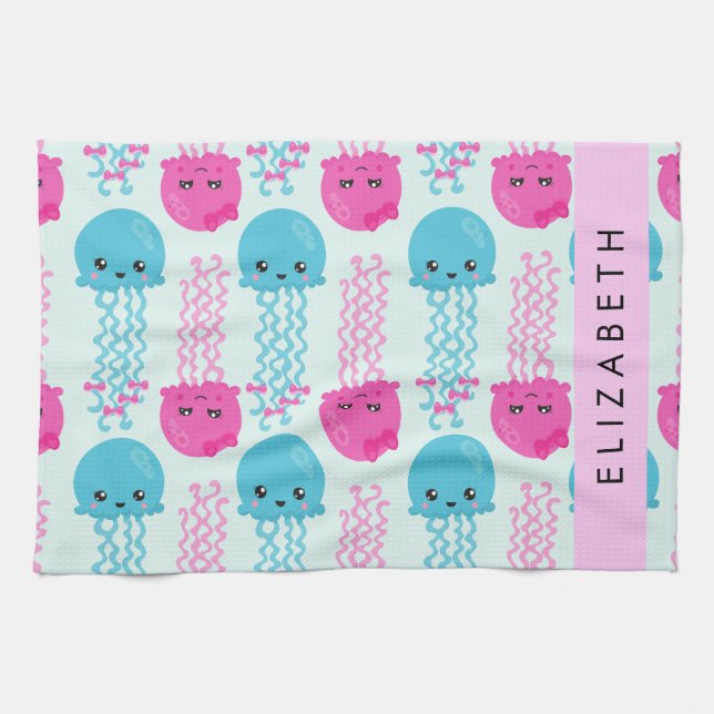 Linge De Cuisine Motif de méduses, Mignonne méduse, Mer, Votre nom (Horizontal)