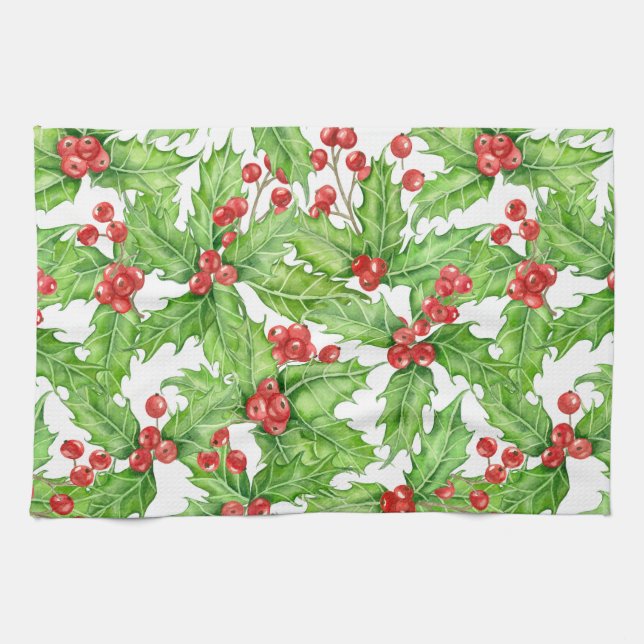 Linge De Cuisine Motif de Noël à l'aquarelle de baie blanche (Horizontal)