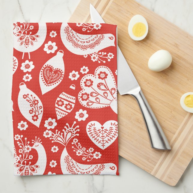 Linge De Cuisine Motif de Noël scandinave rouge avec oiseaux (Quart Plié)