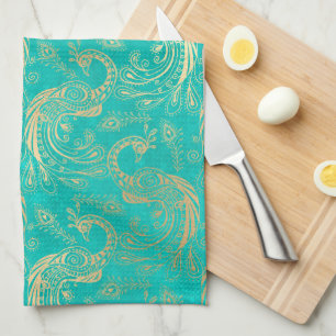 Linge De Cuisine motif de paon Turquoise et or 