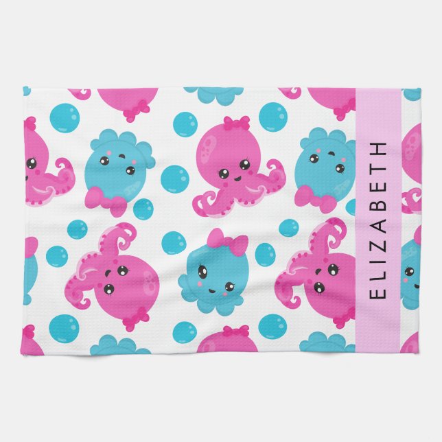 Linge De Cuisine Motif de pieuvre, Pieuvre mignonne, Mer, Votre Nom (Horizontal)