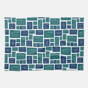Linge De Cuisine Motif de poisson bleu vert vintage