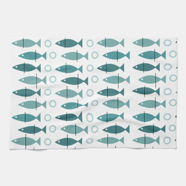 Linge De Cuisine Motif de poisson moderne du milieu du siècle Turqu (Horizontal)