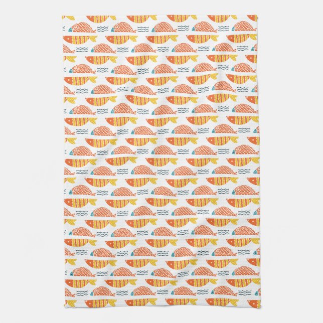 Linge De Cuisine Motif de poissons de natation d'art populaire (Vertical)