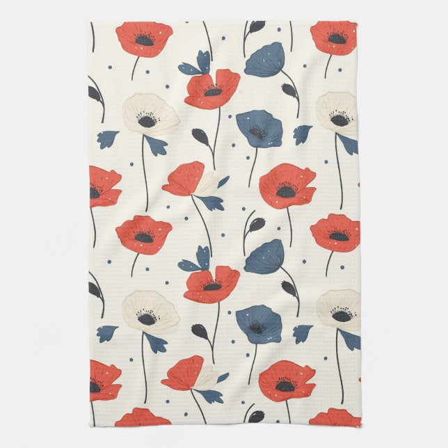 Linge De Cuisine Motif de Poppies d'aquarelle - Rouge, Bleu et Blan (Vertical)