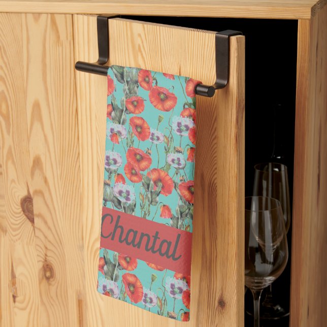 Linge De Cuisine Motif de Poppies Rouge et Aqua Personnalisé (Pliage en tiers)