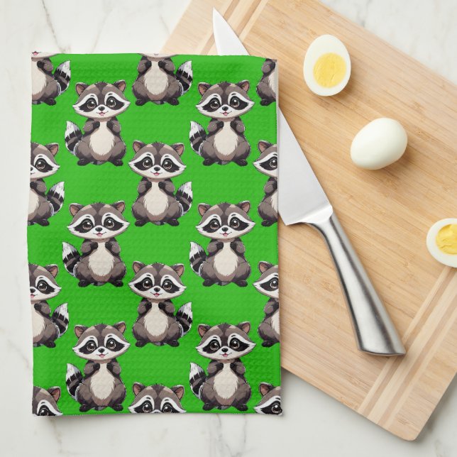 Linge De Cuisine Motif de Raton Laveur Vert  (Quart Plié)