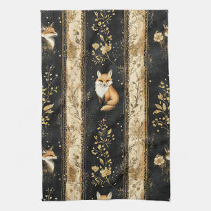 Linge De Cuisine Motif de renard botanique noir et or de luxe