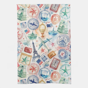 Linge De Cuisine Motif de timbre de voyage du monde vintage (3)