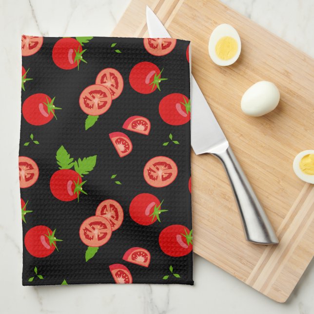 Linge De Cuisine Motif de tomate rouge juteux sur noir (Quart Plié)