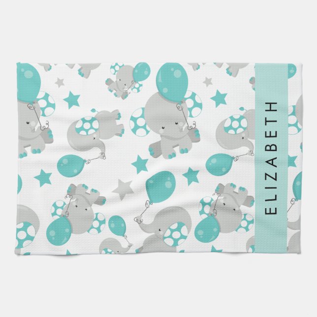 Linge De Cuisine Motif D'Eléphants, Eléphants Mignons, Votre Nom (Horizontal)
