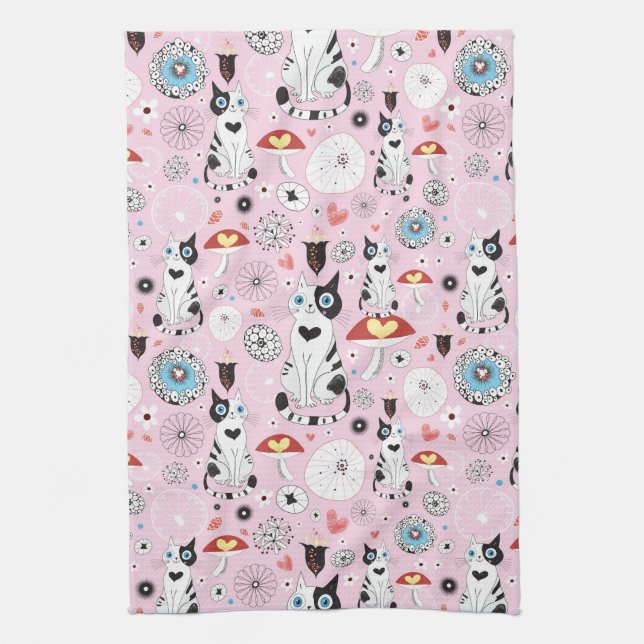Linge De Cuisine motif des chats et des fleurs (Vertical)