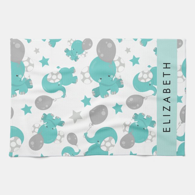Linge De Cuisine Motif Des Eléphants Bleus, Étoiles, Votre Nom (Horizontal)