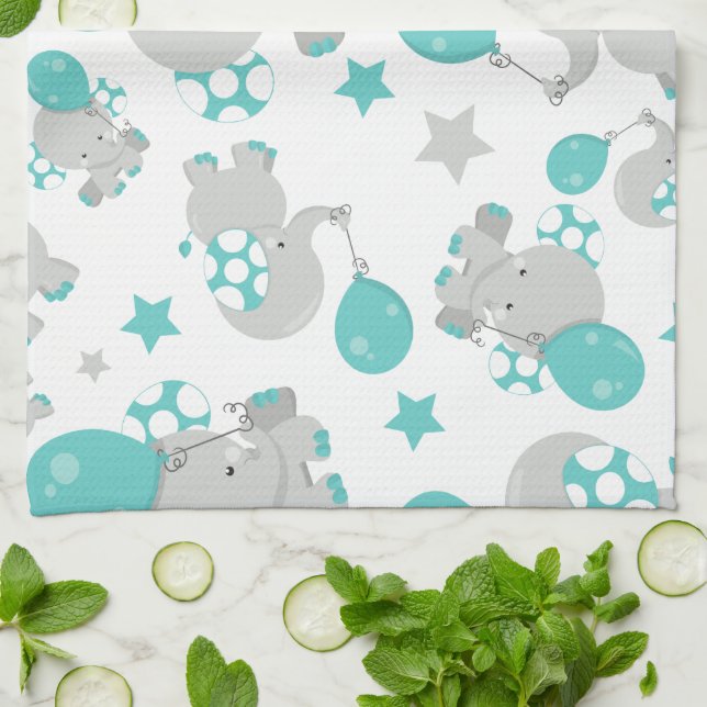 Linge De Cuisine Motif Des Eléphants, Eléphants Mignons - Gris Bleu (Plié)