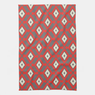 Linge De Cuisine Motif d'Ikat - rouge, gris et beige