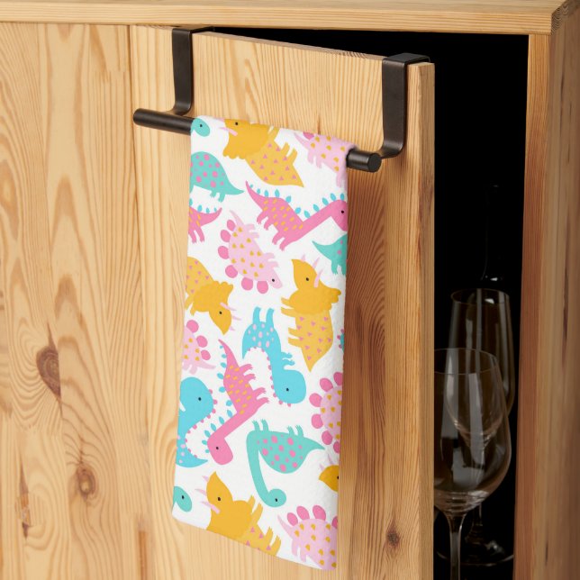 Linge De Cuisine Motif Dinosaur rose et Turquoise (Pliage en tiers)