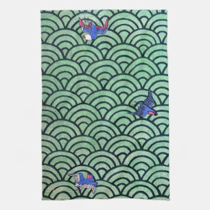 Linge De Cuisine Motif d'oiseaux et de vagues, design japonais