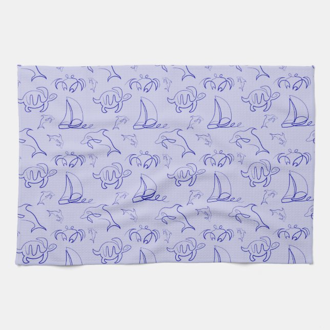 Linge De Cuisine Motif d'une ligne d'animal marin et voilier (Horizontal)