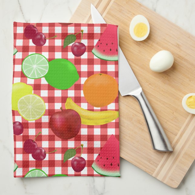 Linge De Cuisine Motif En vichy de fruits rouges et blancs (Quart Plié)