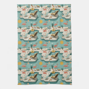 Linge De Cuisine Motif Estival Rétro Flamingo au Bord de la Piscine