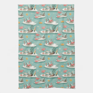 Linge De Cuisine Motif Estival Rétro Flamingo au Bord de la Piscine