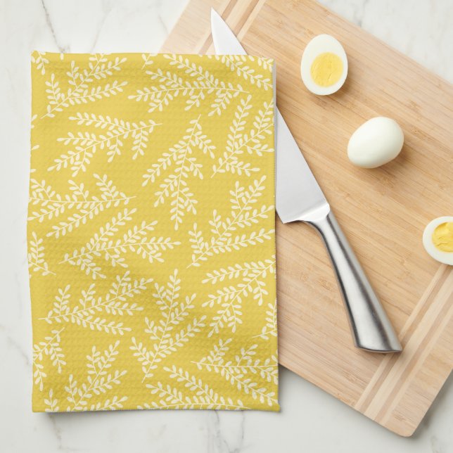Linge De Cuisine Motif Feuille moderne de moutarde jaune (Quart Plié)