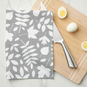 Linge De Cuisine Motif Feuille tombé blanc sur gris