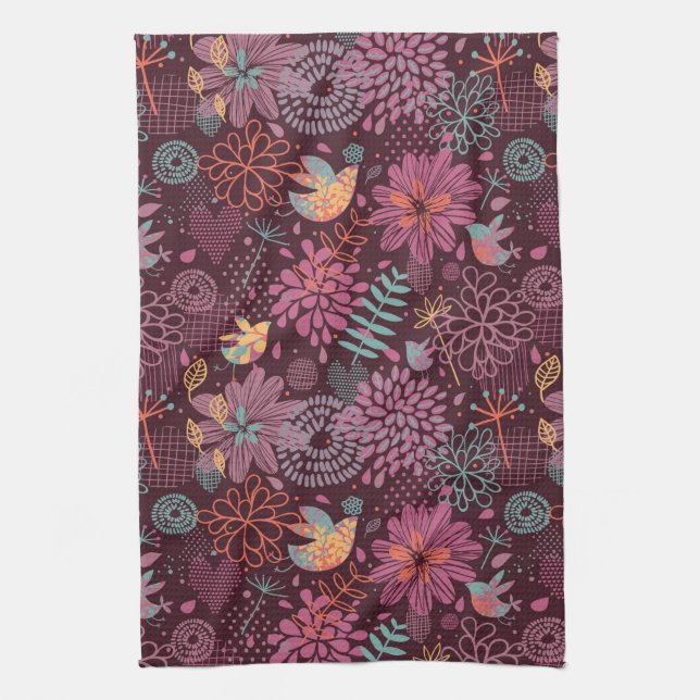 Linge De Cuisine Motif floral abstrait avec des oiseaux (Vertical)