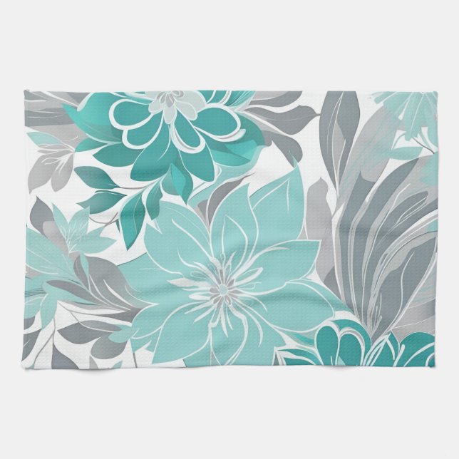 Linge De Cuisine Motif Floral, Aqua, Turquoise, Turquoise et Gris (Horizontal)